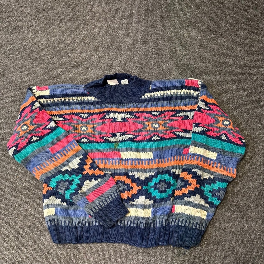 Nuovo Sweater Womens Size M Multicolor Ramie Cotton Geometric Knit Vintage Mock
